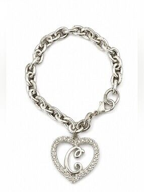 Silver Tone Rhinestone Heart Initial "C" Charm Bracelet Women's Chain Link Jewel